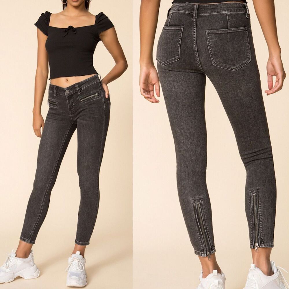 NWT Free People Jeans Low Rise Ankle Zip Black Denim Grunge Zipper Moto Size 24"